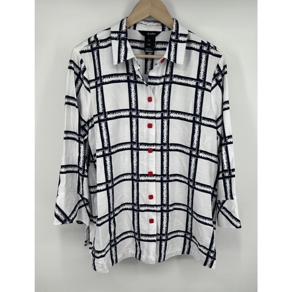 Ali Miles Artsy Boho Tunic Blouse Womens Size Large White Blue Red Buttons Boxy